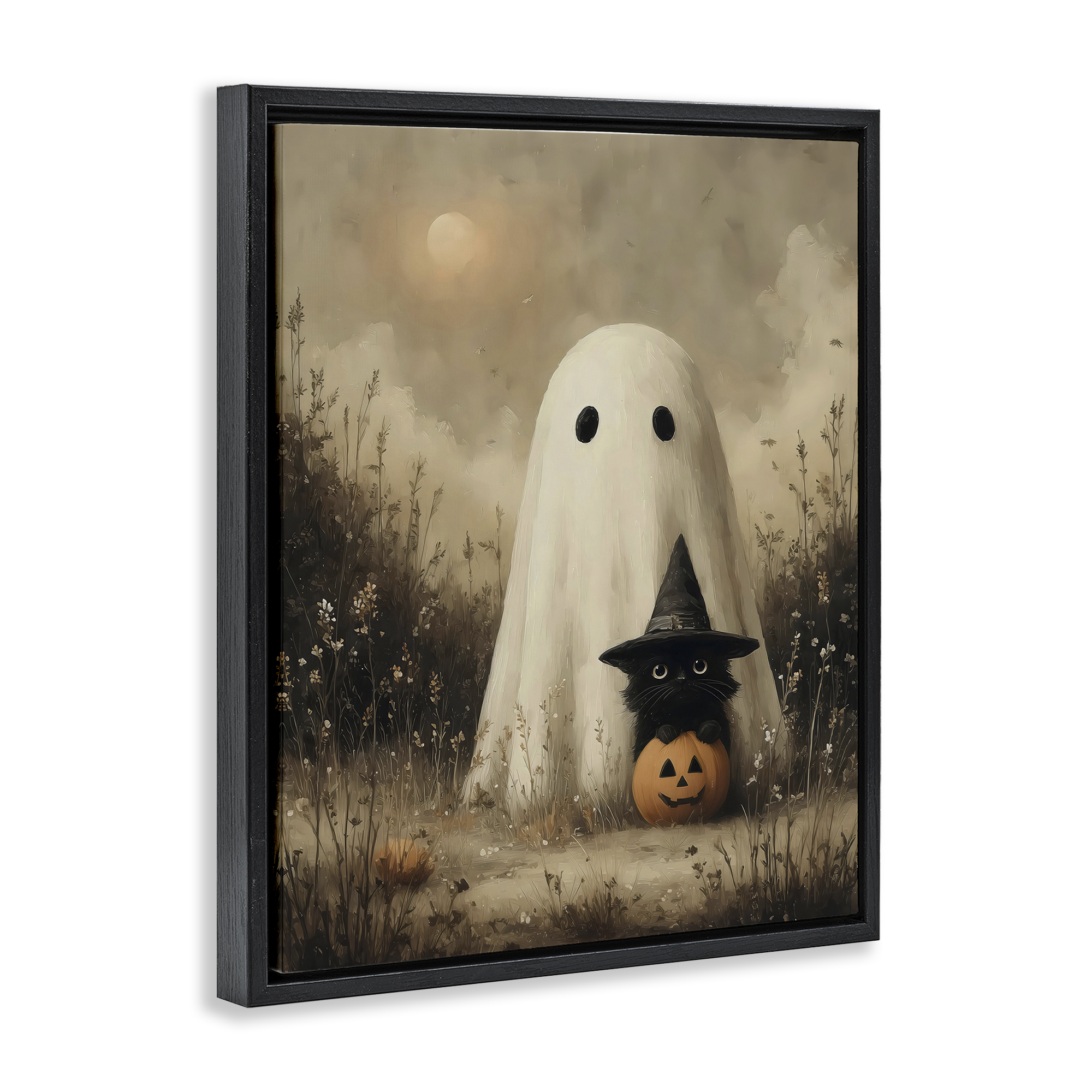Ghost with Black Kitten Black Framed Floater Canvas Wall Art, design by Arlington Prints