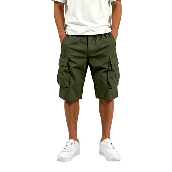 Gym Mens Shorts Solid Color Elastic Waist Casual Cargo Pants with Multiple Pockets Shorts