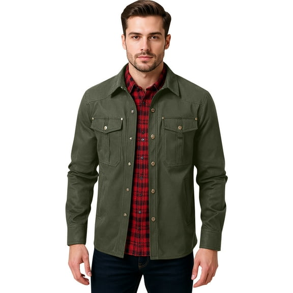GrmtClth Jackets for Men Fashion Flannel Lined Shirt Jackets Long Sleeve Button Down Overshirts 2025 Fall Winter Western Cowboy Shacket with Flap Pockets Army Green XL