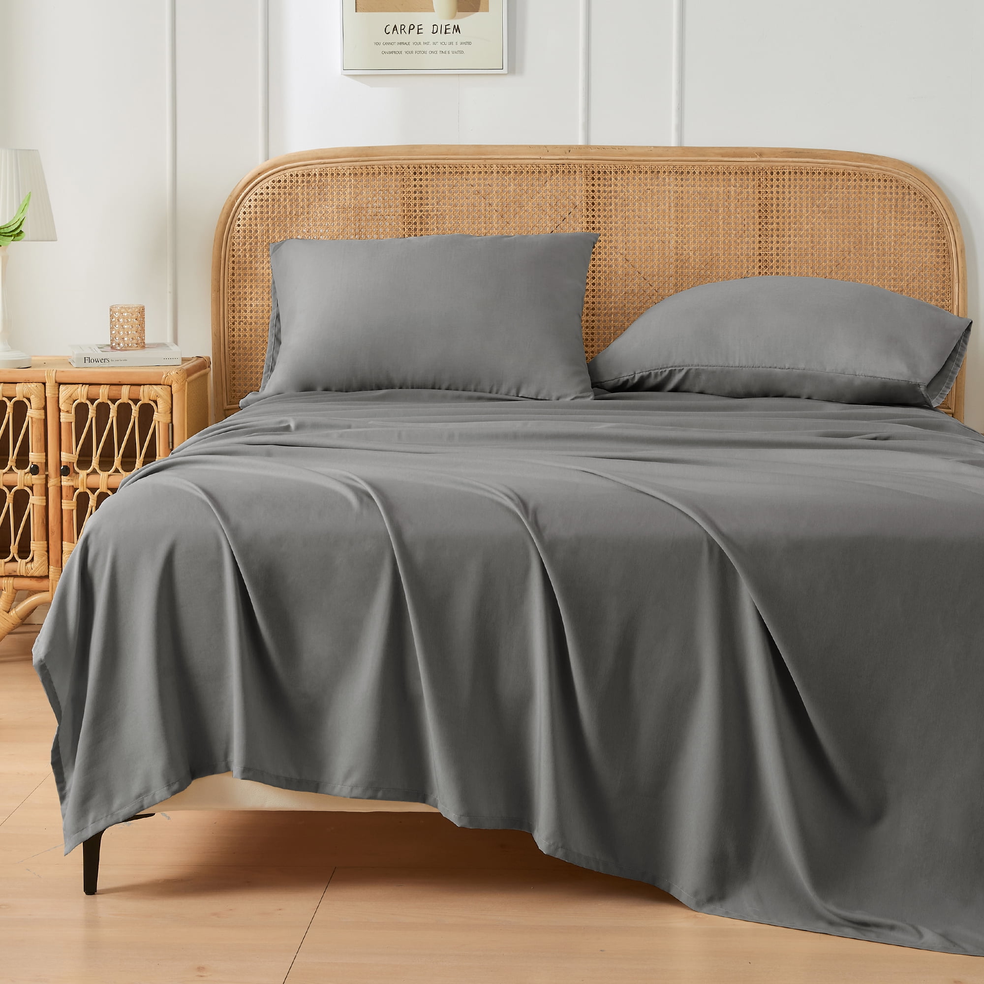 JELLYMONI 4 Pieces Cooling Queen Sheets Set, Microfiber & Bamboo Sheet Set, Breathable & Wrinkle Free - 16" Deep Pockets Bedding Sheets & Pillowcases,Dark Grey