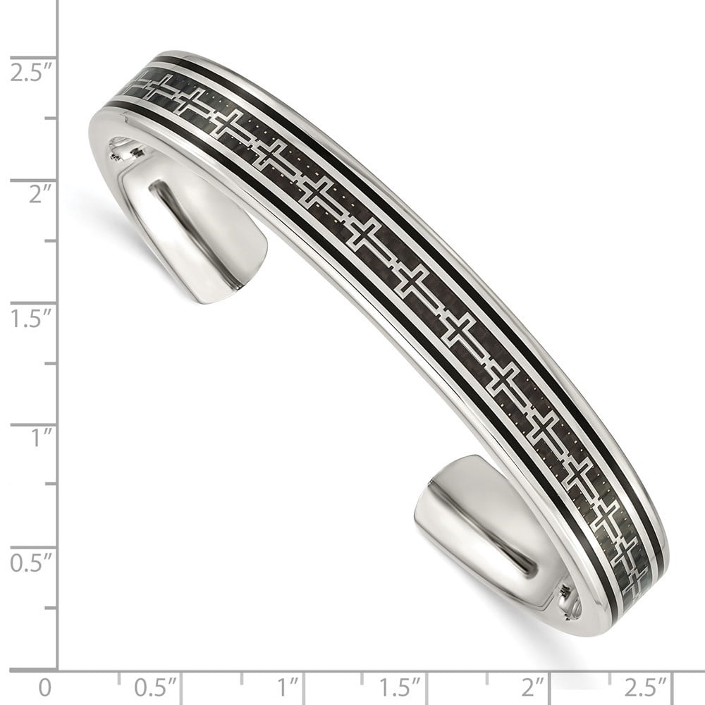 Diamond2Deal Stainless steel Black IP-Plated with Black Carbon Fiber Inlay Cross Design Cuff Bangle Bracelet for Men 7"