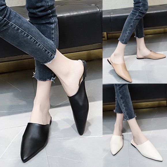 Women Closed Pointed Toe Flat Heel Slides Slippers Faux Leather Mules Shoes