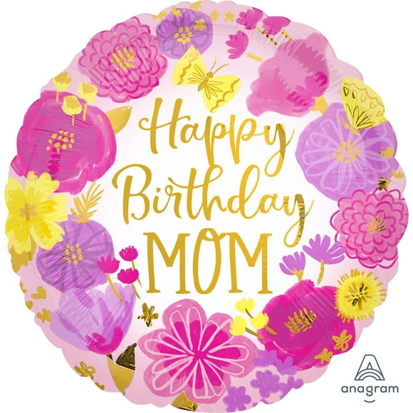 Deluxe Happy Birthday Mom Painted Flowers Foil Balloon - Superior Float Time
