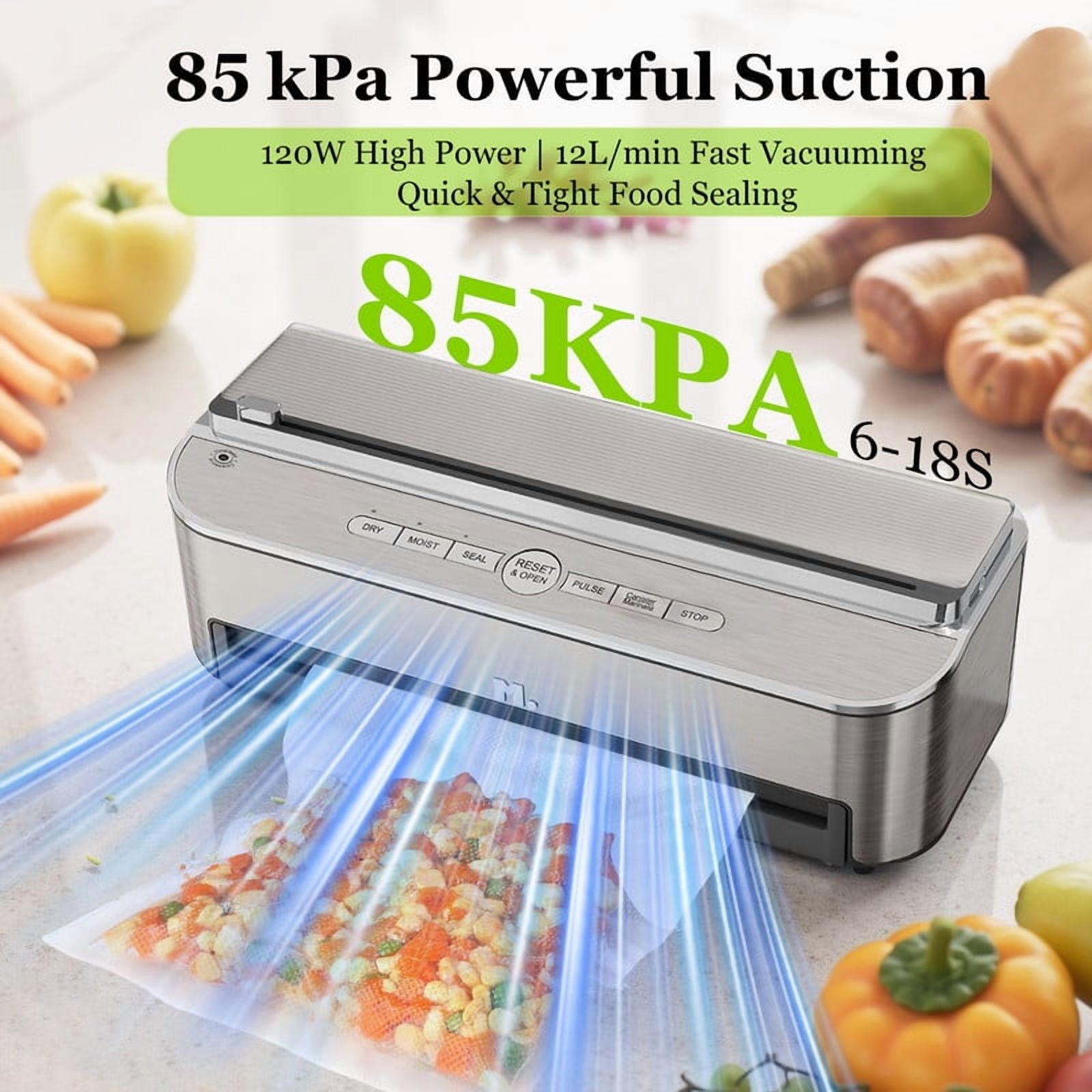TINKLE WELL Automatic Vacuum Sealer Machine, 120W Powerful Sealing System, Built-in Cutter & Bag Storage, Includes 2 Rolls + 5 Pre-Cut Bags, Moist Mode & Air Suction Hose for Liquid Foods