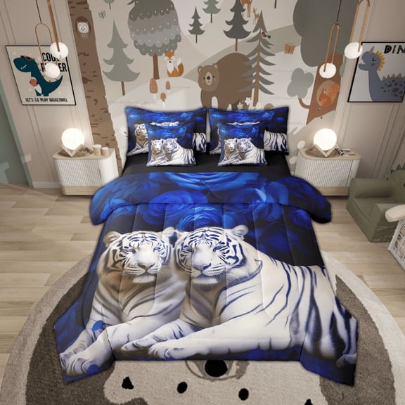 White Tiger Bed in a Bag King 7 Pieces - King Size Comforter Set,Blue Rose Bedding Sets African Animals Flowers Floral Bed Set with Comforter,Sheets,Pillowcases & Shams