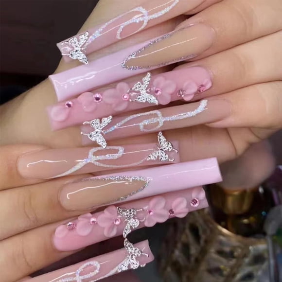 Press on Nails GUAACCB, 24 unidades, punta francesa rosa con diamantes de imitación