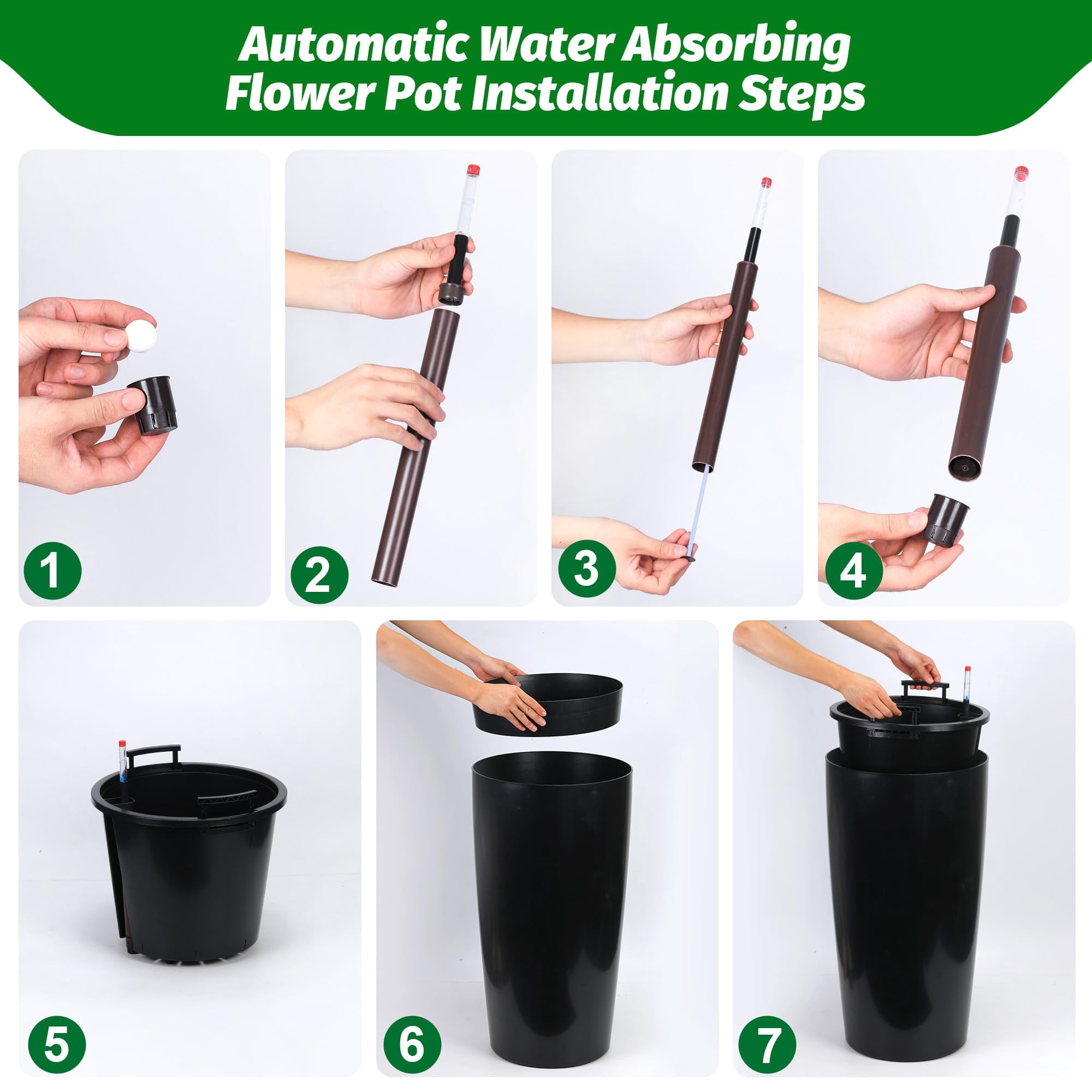 2-Pack Large 30-Inch Self-Watering Planters with Drainage Holes, Water Gauge, and Removable Inner Pot – Ideal for Outdoor Gardening and Porch Display, Black