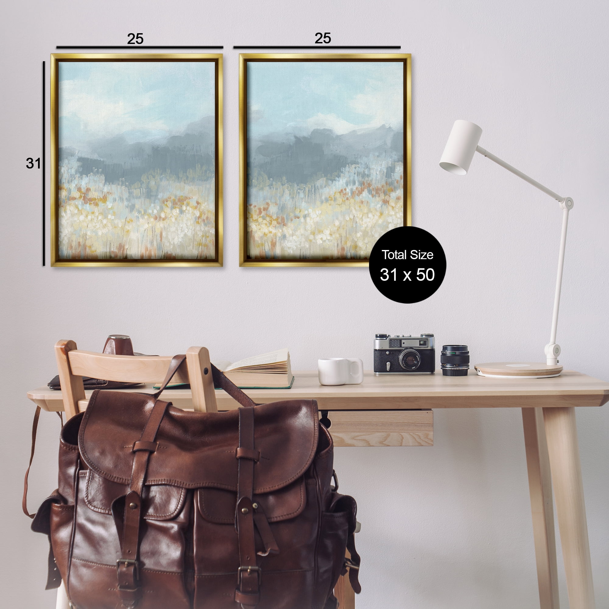 Stupell Industries White Flower Field Mountains Landscape & Nature Painting Gold Floater Framed Canvas Art Print Wall Art, 31 x 25, Set of 2