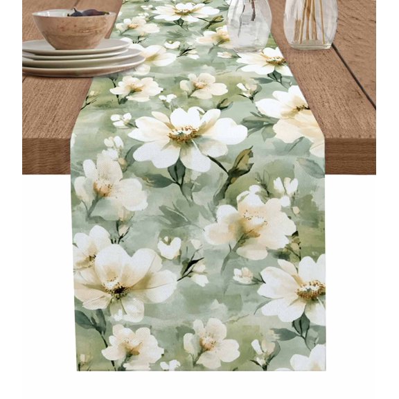 Ldtrchee Spring Floral Table Runner 36 Inches, Watercolor Sage Green Summer Flowers Bed Runner Dresser Scarves Tabletop for Indoor Outdoor Parties/Ceremony/Banquet, 13"x 36"