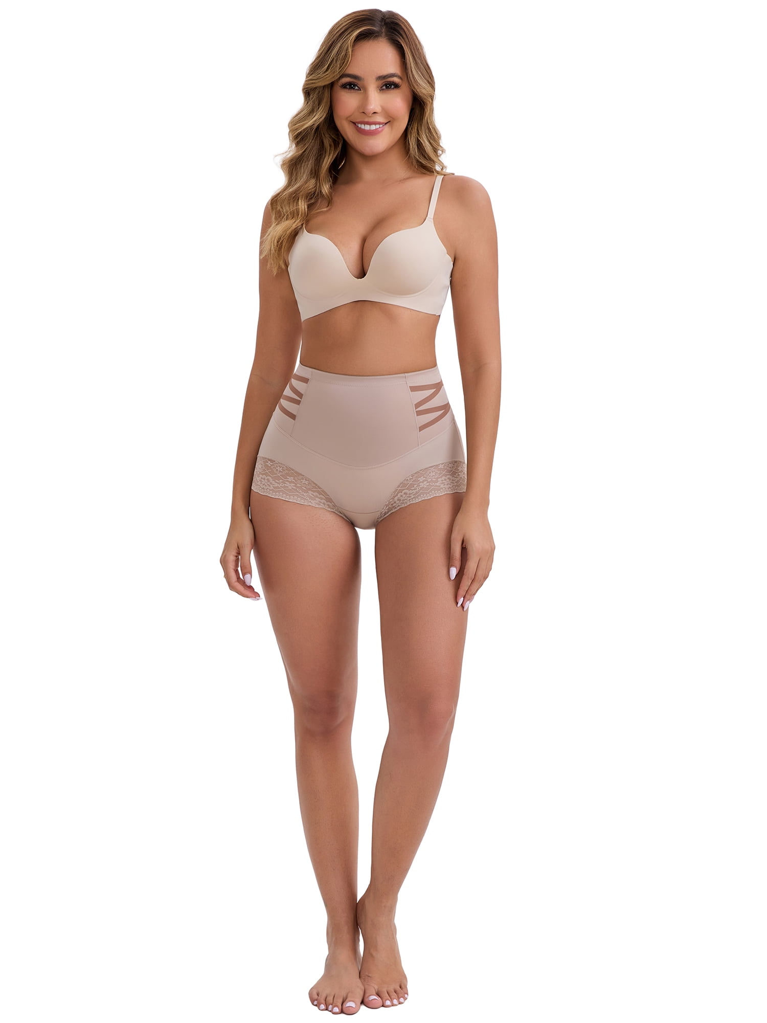 DARING DIVA Women's High-Waisted Tummy Control Briefs Lace Trim M Light Brown