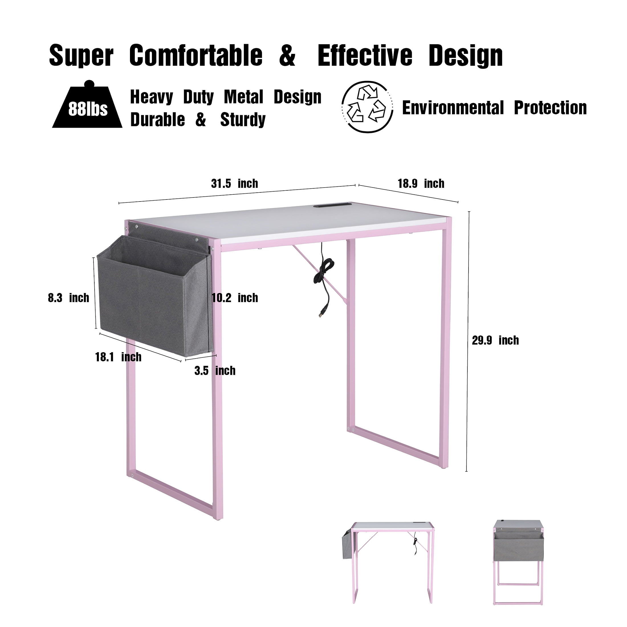 JJS Small Computer Desk Simple Style Writing Desk for Small Spaces 31 Inch Home Office Modern Student Study Laptop Writing Table with Storage Bag USB Hub, White/Pink