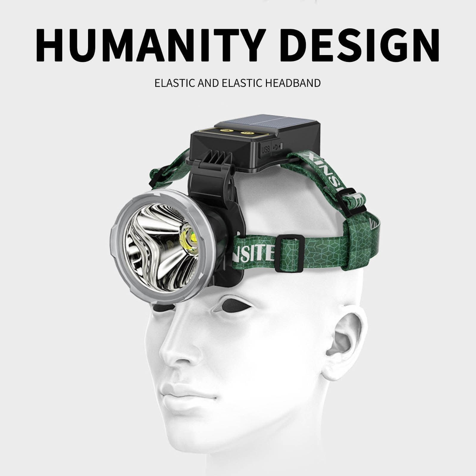 ZFYXGS Solar Powered Outdoor Lighting Headlamp Super Bright Rechargeable High Power Headlamp, Outdoor Camping, Fishing, Lithium Battery, Head Mounted Flashlight