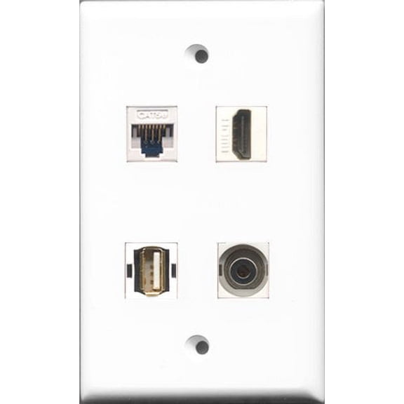 RiteAV 1 Port HDMI and 1 Port USB A-A and 1 Port 3.5mm and 1 Port Cat5e Ethernet White Wall Plate