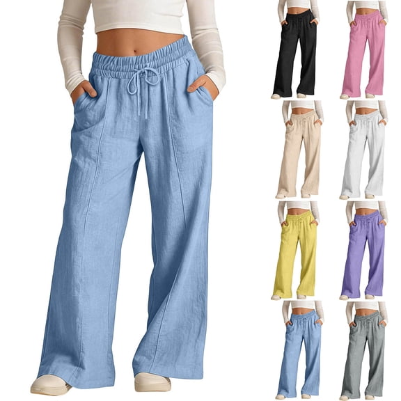 Tranfacy Girls Kids Summer Solid Full Length Trousers Linen Drawstring Wide Leg Side Pocket Pants