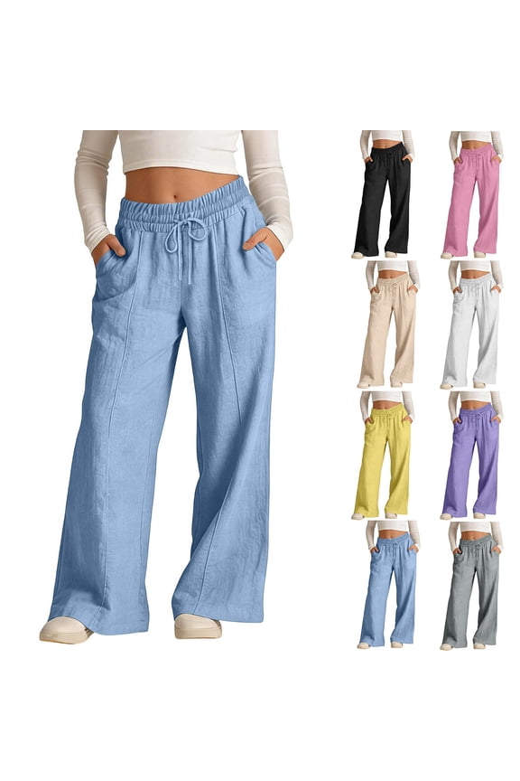 Girls Kids Summer Solid Full Length Trousers Linen Drawstring Wide Leg Side Pocket Pants