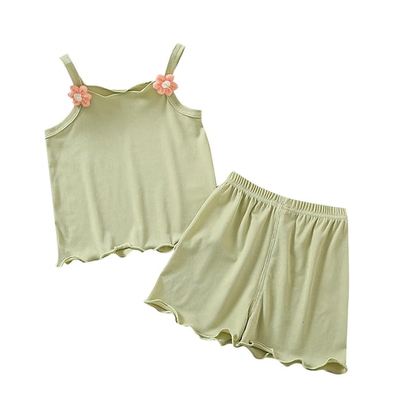 BCSIOAOI Girls Matching Sets Flower Decorated Cami & Matching Shorts Toddler Summer Set Green 3 T
