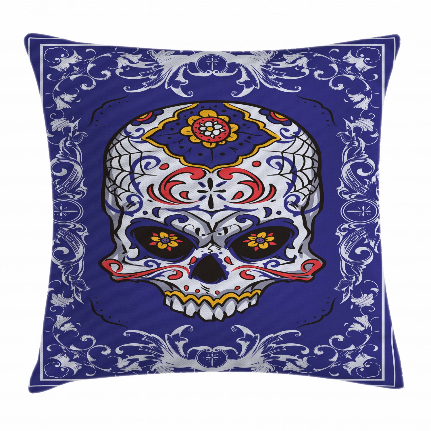 Sugar Skull Decor Throw Pillow Cushion Cover, Scary Floral Skull with Motifs in Ornate Framework ...