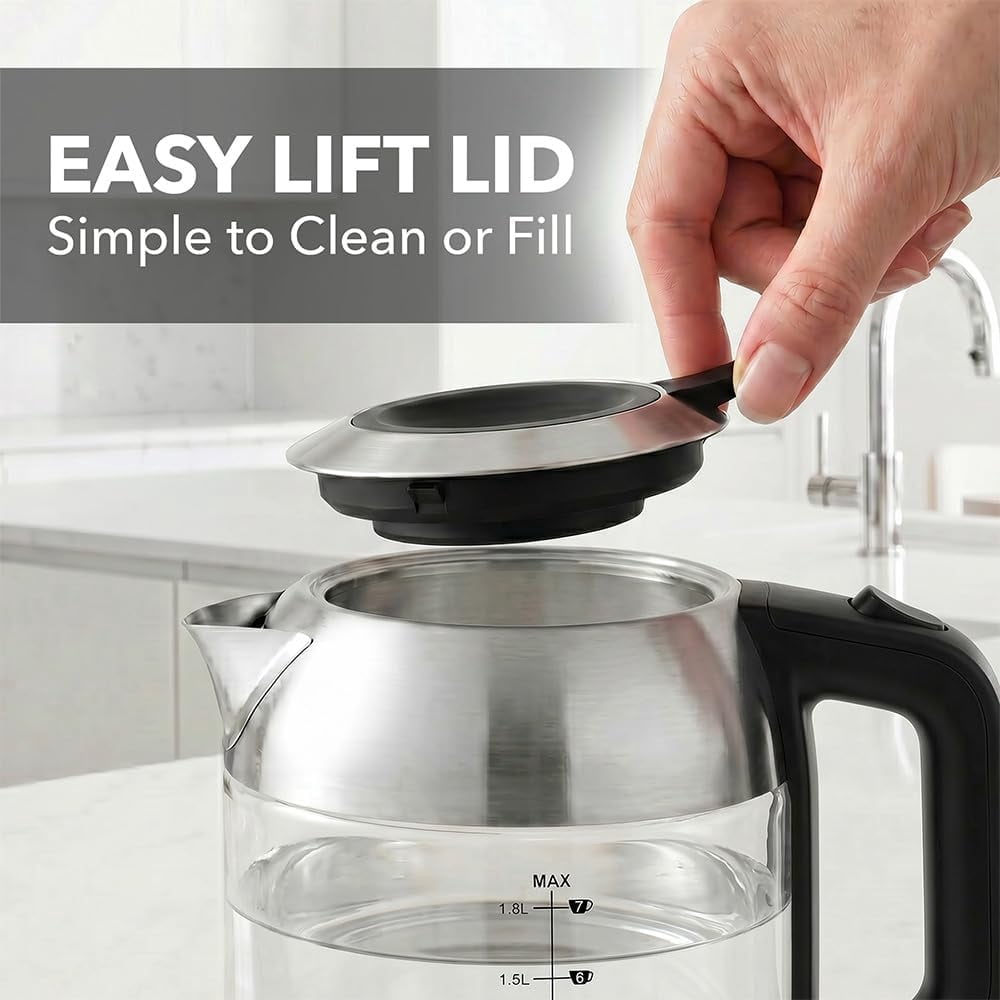 OVENTE Electric Kettle, 1.8L Glass Tea Kettle & Stainless Steel BPA-Free Cordless Electric Kettle, 1500W Fast Boil Electric Pot with Easy-Fill Lid, Auto Shut-Off & Boil Dry Protection, Silver KG751S