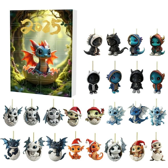 Dragon Advent Calendar 2025, 24 Days Christmas Countdown Calendar with Acrylic 2D Dragon Ornaments Hanging Decorations for Xmas Tree Home Holiday Decorations