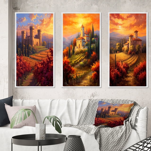 Designart "Beautiful Sunset over Old Castle in Italian Vineyard I" Castles Framed Wall Art Set Of 3 - Red Traditional Frame Gallery Set For Office Decor