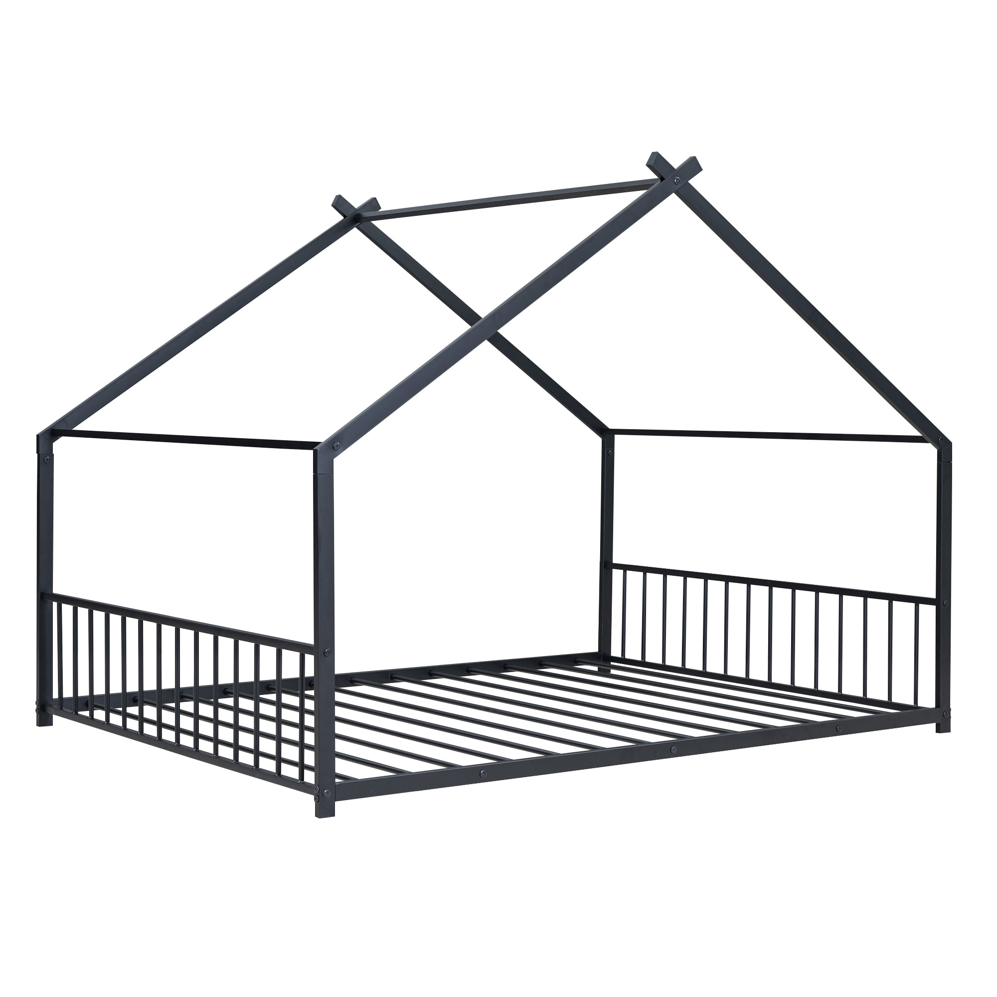 Aukfa Full Size Metal House Bed, Montessori Floor Bed for Kids Toddler, Black