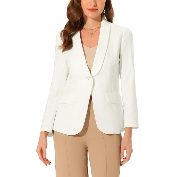 CHAQUETA BLAZER DE OFICINA PARA MUJERES INSPIRADA EN CHIC, CON SOLAPA, MANGAS LARGAS Y BOLSILLOS, COLOR BLANCO