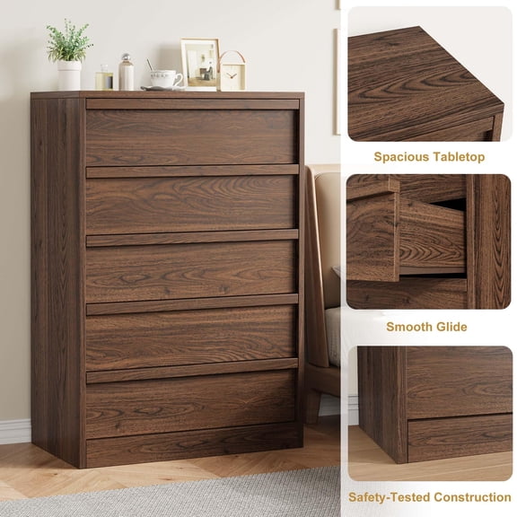 5-Drawer Tall Dresser for Bedroom – Modern Freestanding Wooden Chest of Drawers with Large Storage, Walnut Finish for Living Room, Hallway, Entryway