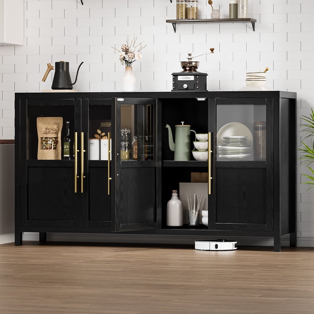55 Inch Large Self-Service Cabinet With 4 Glass Doors And Storage Side Panel Self-Service Cabinet For Kitchen, Dining Room Living Room Modern Storage Cabinet Desk