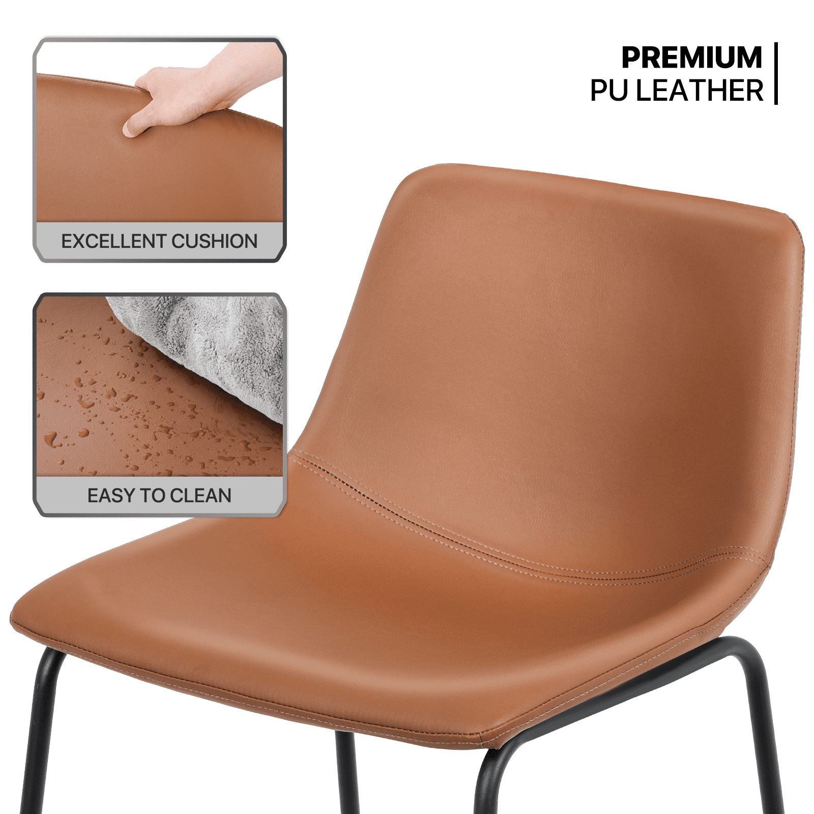 MoNiBloom PU Leather Barstools Set of 2, Modern Counter Height Bar Stools, Dining Pub Chairs with Padded Bucket Seat, Brown