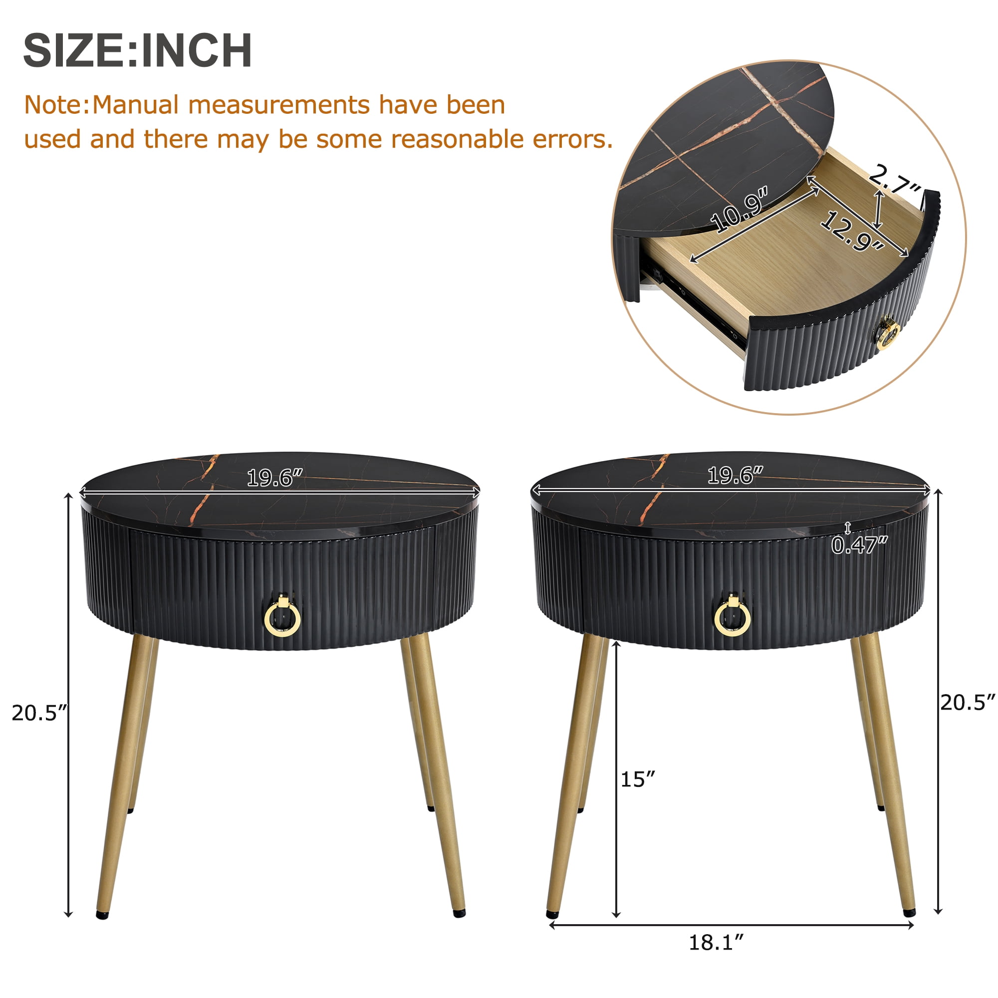 EUROCO 2-Piece 19.6" Round Coffee Table Set, End Tables with High Gloss Faux Marble Tabletops,Modern Fluted 2 Side Tables with Drawers and Golden Legs for Living Room, Black