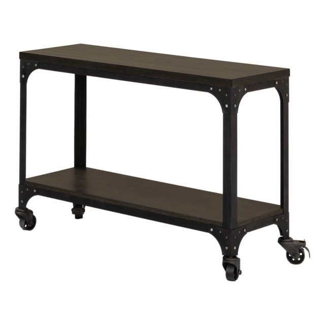 Console en Bois Espresso Rustique avec Cadre et Roulettes en Métal