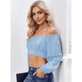 thumbnail image 5 of Woman Off Shoulder Ruched Tie Back Crop Top Summer Lantern Sleeve Boho Shirt Blouse Blue M, 5 of 9