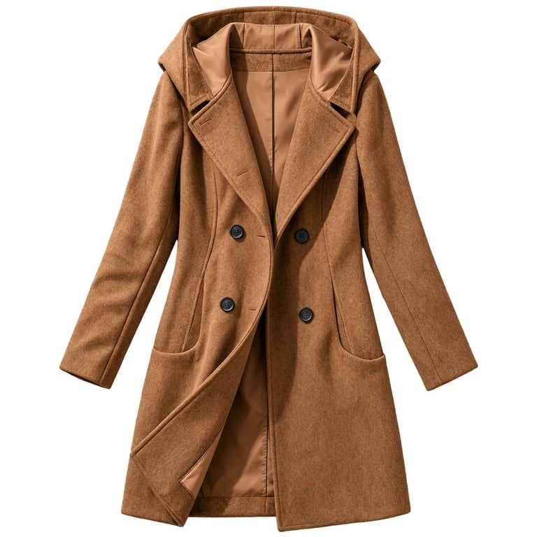 Hueook Womens Winter Trench Coat Long Jacket Fall Peacoat Lapel Pockets ...