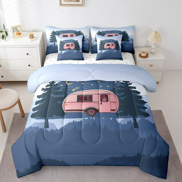 YST Rv Camper 7Pcs Bedding Sets Rustic Farmhouse Decor Comforter Sets Bed In A Bag, Smoky Mountain 3D Printed Quilt, Happy Camping Wooden Style Comforter Set With Sheets Full 7-Piece