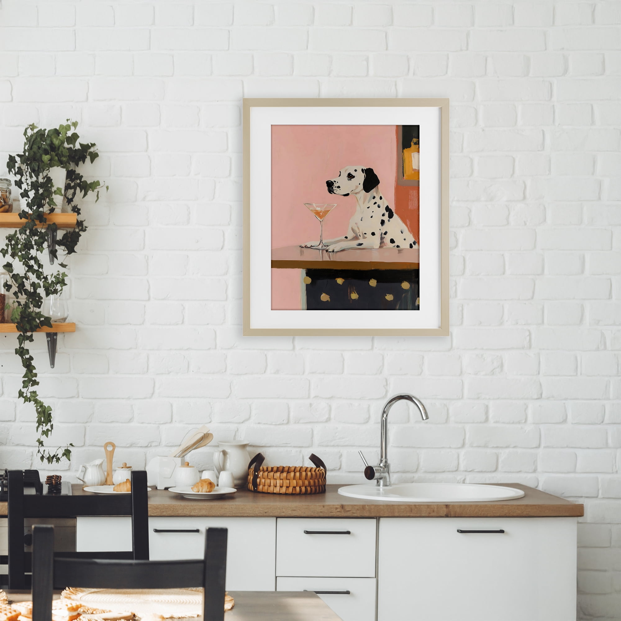 Stupell Industries Dalmatian at Cocktail Bar Birch Framed Print Under Glass, design by The Prints Vibe