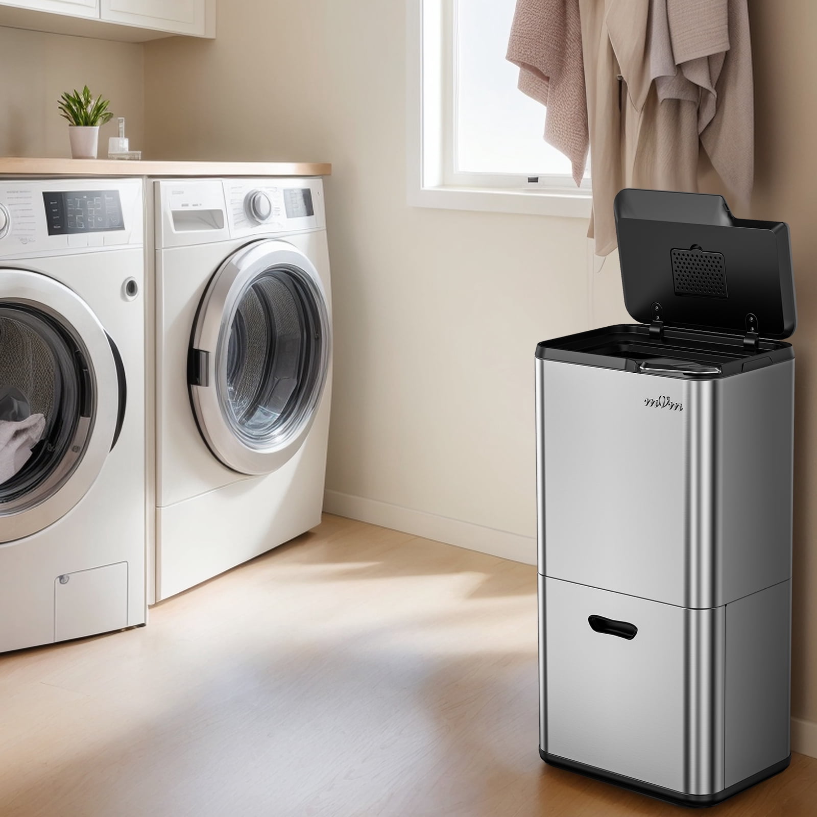 mVm 16 Gal Stainless Steel Trash Can , Dual Compartment (32L+28L) Brushed Steel Garbage Bin with Lid and Odor Filter