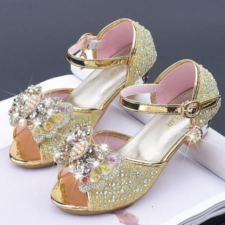

Final Clear Out! Girls Glitter Sandals Crystal Bow Princess Shoes 3CM High Heels Party Wedding Sequin Pearl Shoes Open Toe for Kids Toddler 2-13Y
