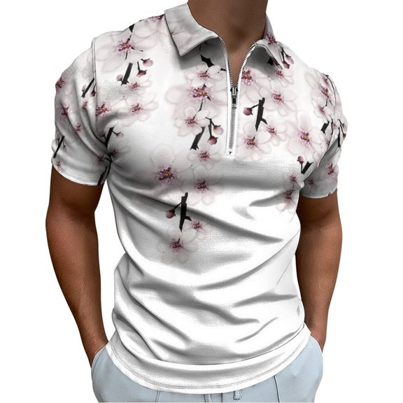 Cherry Blossoms with Falling Flowers Men Zipper T-shirt Summer Casual Short Sleeve T-shirt Top
