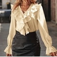 thumbnail image 3 of Women's Elegant Ruffles Long Sleeve Blouse Casual V Neck Button Down Fall Loose Office Work Shirts Tops, 3 of 6