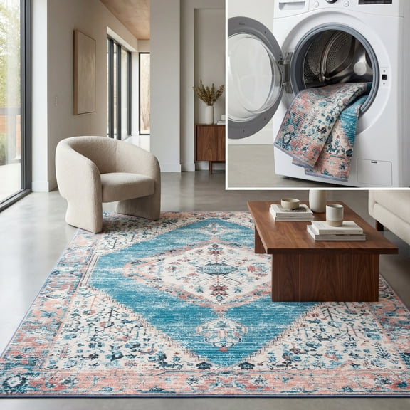 SAFAVIEH Journey Seachlann Oriental Machine Washable Area Rug, Ivory/Blue, 5'5" x 7'7"