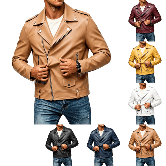 Hulanddfd Men's Faux Leather Jacket Zip Up Lapel Collar Moto Biker Coat with Pockets Casual Outerwear for Fall Winter Daily Wear Streetwear Work Travel Outdoor Activities Coffee L