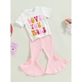 thumbnail image 2 of 2pcs Baby Girl Valentines Day Bell Bottom Outfit Toddler Short Sleeve Love You More T-Shirt Top Flare Pants Set, 2 of 7