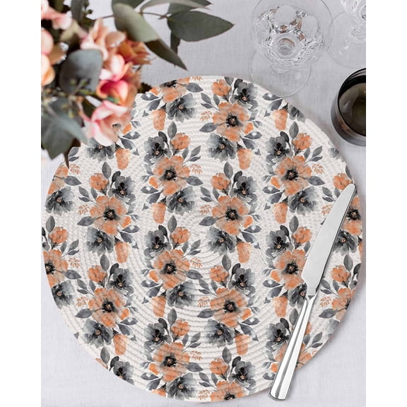 15 Inch Round Placemats Set of 6, Orange Floral Non Slip Heat Insulation PP Table Mats, Abstract Watercolor Flower Leaf Plant Washable Place Mats for Kitchen Dining Party Table Decor