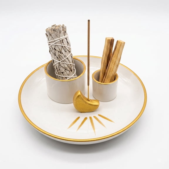 Incense Holder 4 in 1 Incense and Candle Holder for Burning Sage Palo Santo Ceramic Ash Catcher Tray for Meditation Room 5.9" Gold