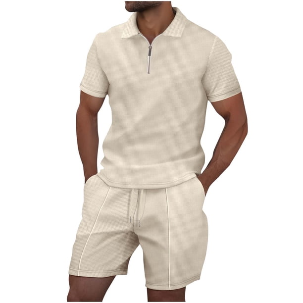 Conjunto de Pantalones Cortos para Hombre 2 Piezas Trajes de Color Sólido Medio Cremallera Camiseta Solapa, Traje de Pantalones Cortos de Ocio