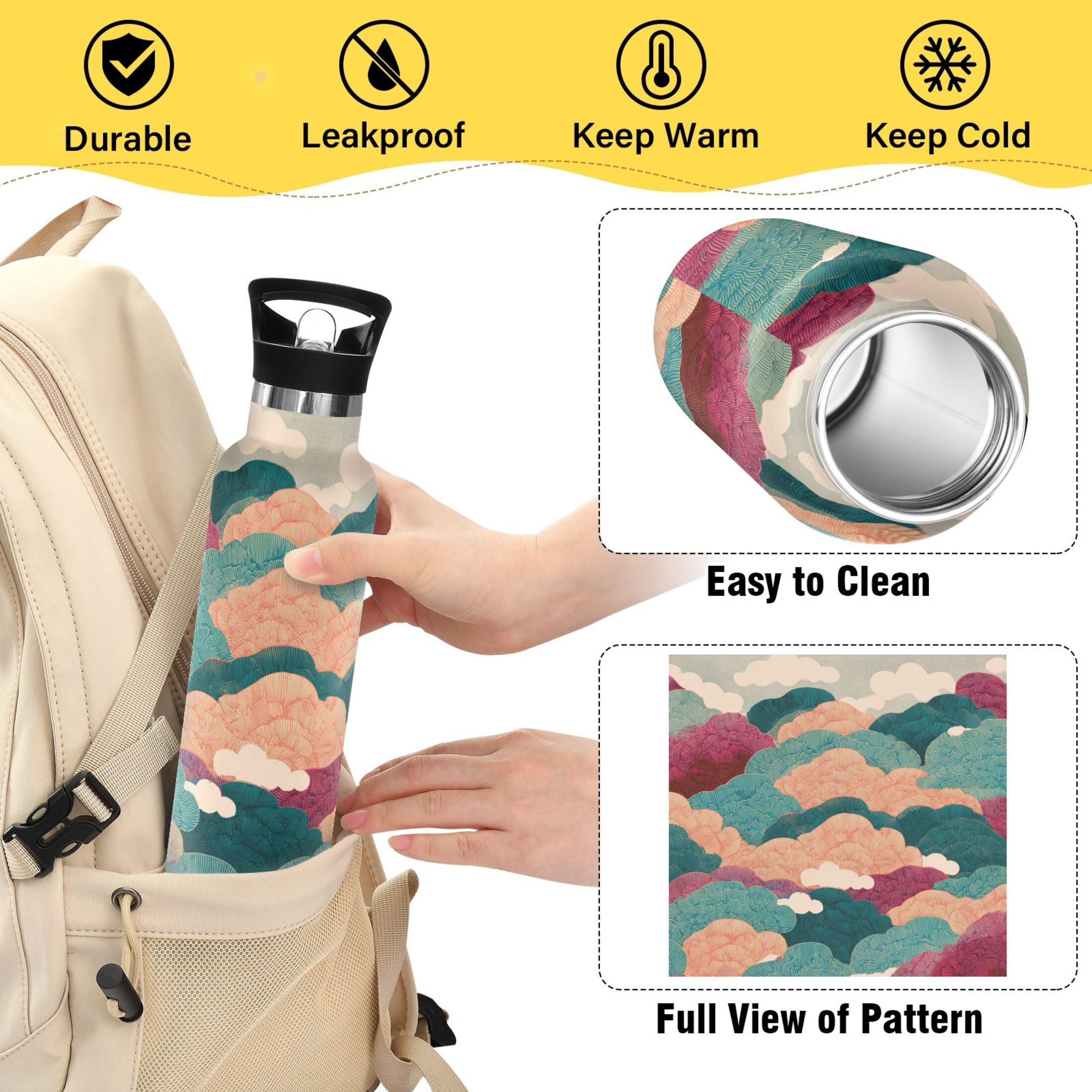 600ML Stainless Steel Insulated Cup Sports Water Bottle Portable Thermos Cup Water Glasses Insulated Tumblers Convenient and Durable Colorful and Beautiful Clouds