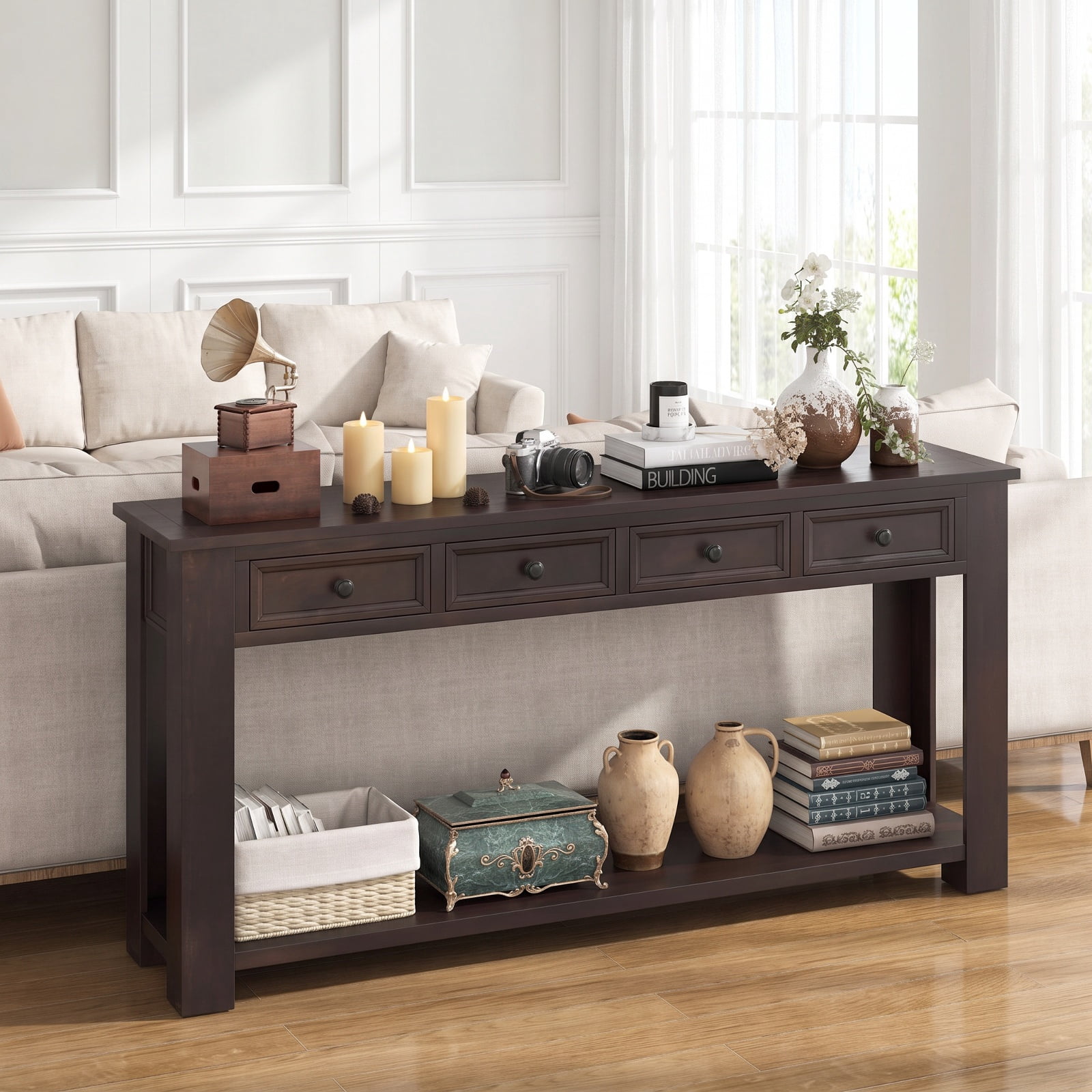 Furnibear 63 Inch Farmhouse Entryway Table Long Console Table with 4 Storage Drawers and Open Shelf for Living Room Hallway Sofa, Espresso