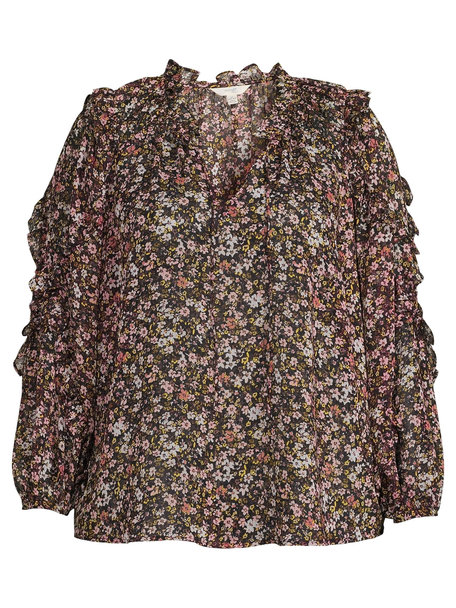 Terra & Sky Women's Plus Size Ruffled Print Top