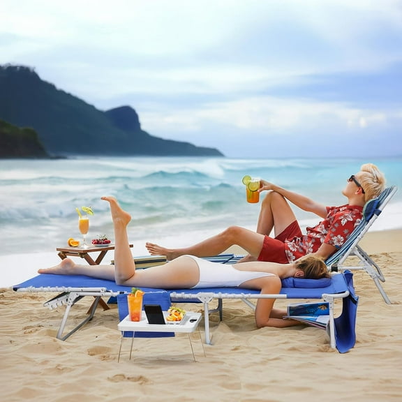 3-in-1 Beach Chair with Face Holes, Folding Side Table, 5-Position Recliner, Heavy Duty Outdoor Lounge Chair for Poolside, , Camping, Striped Blue