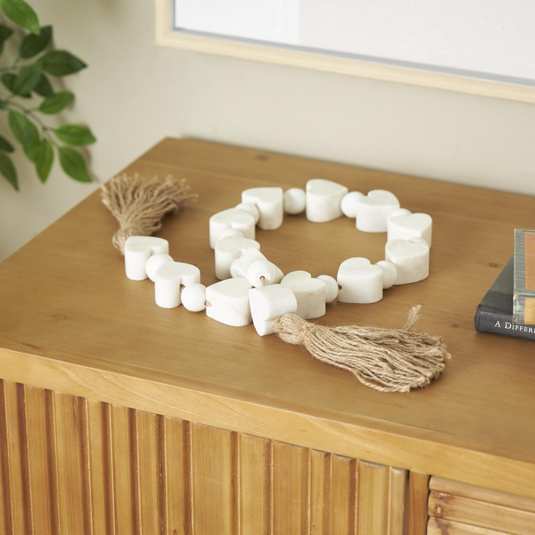 DecMode Handmade White Marble Heart Garland with Tassel with Knotted Jute